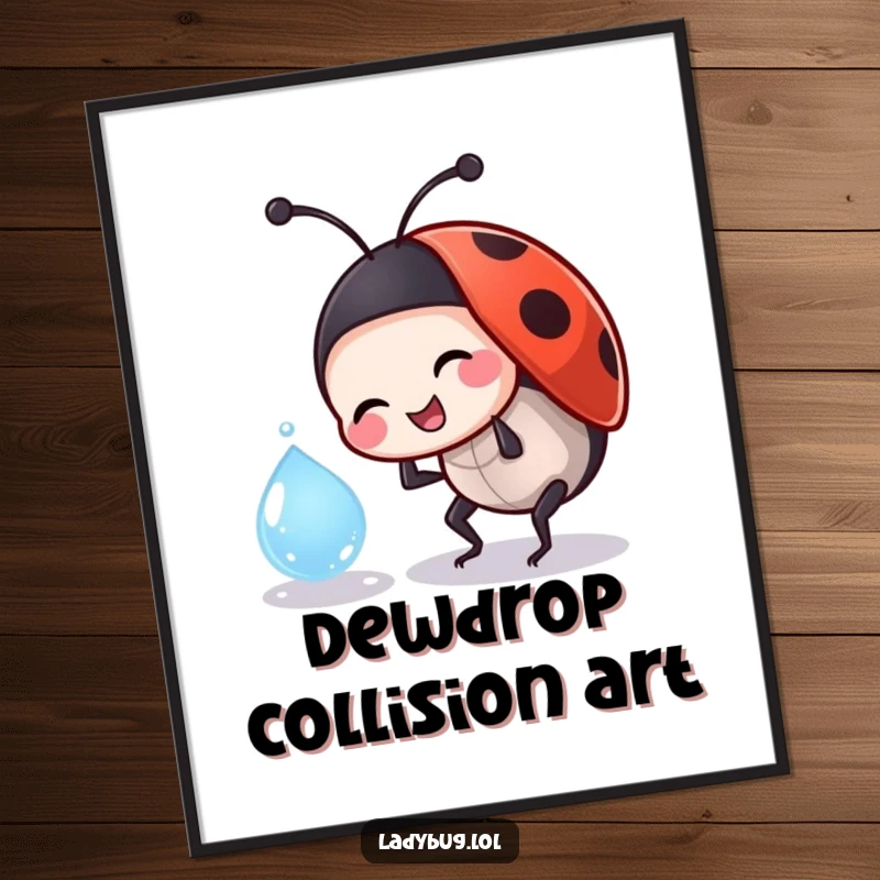 Funny ladybug digital art print of a jovial insect character playfully bumping into a dewdrop, full of gentle whimsy.