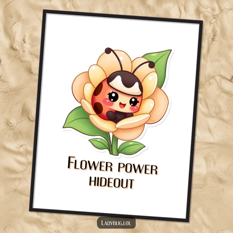 Funny digital art print of a giggling ladybug hiding inside a flower, perfect for adding playful enchantment.