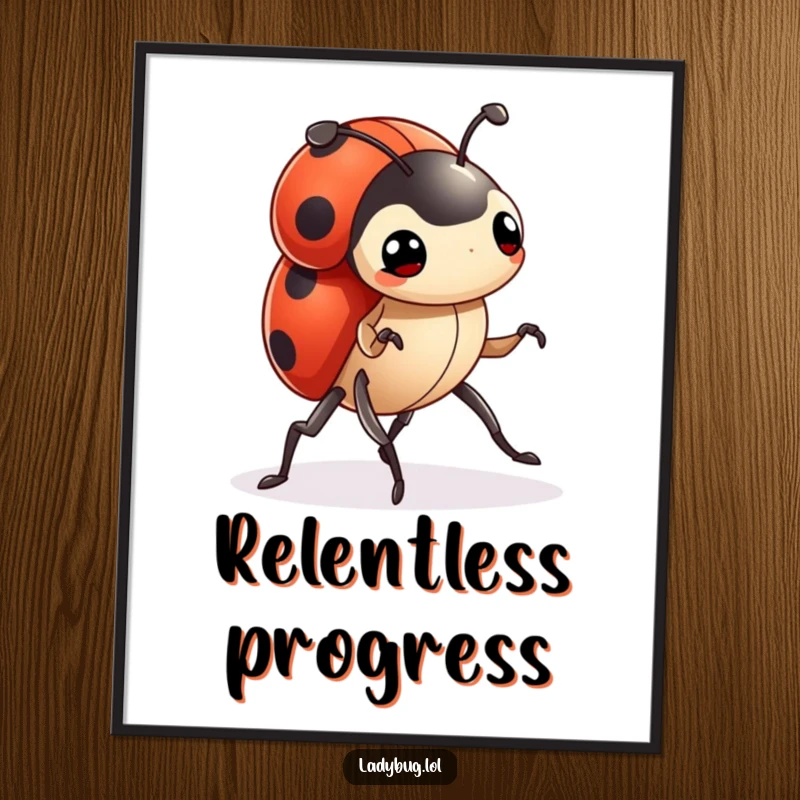 Funny ladybug digital art print of a tiny character marching forward with determined legs, symbolizing perseverance and a positive attitude.