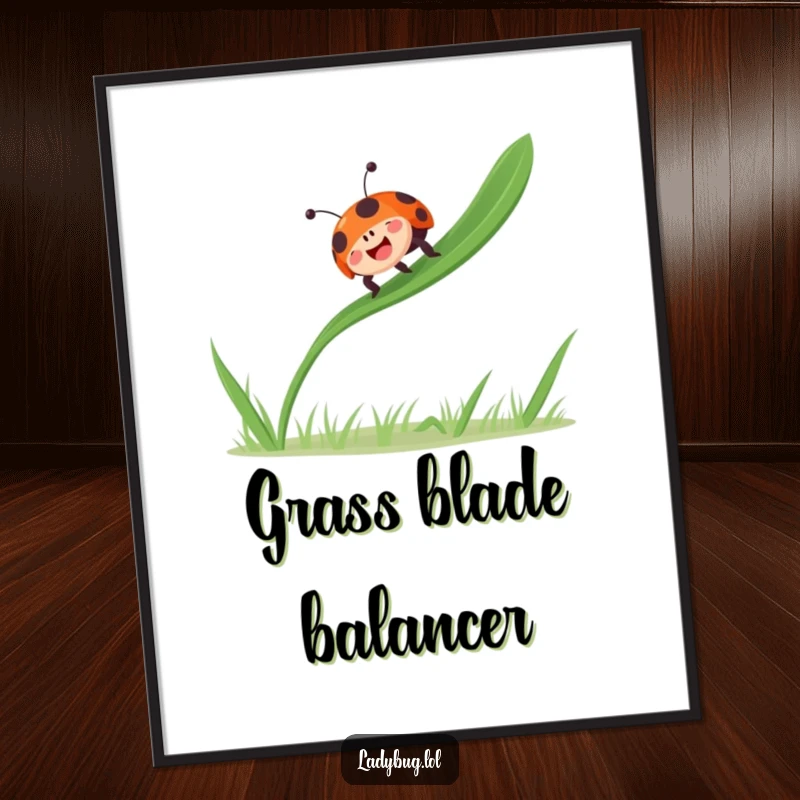 Funny ladybug bounces gleefully on a single blade of grass, radiating joy, as downloadable digital art.