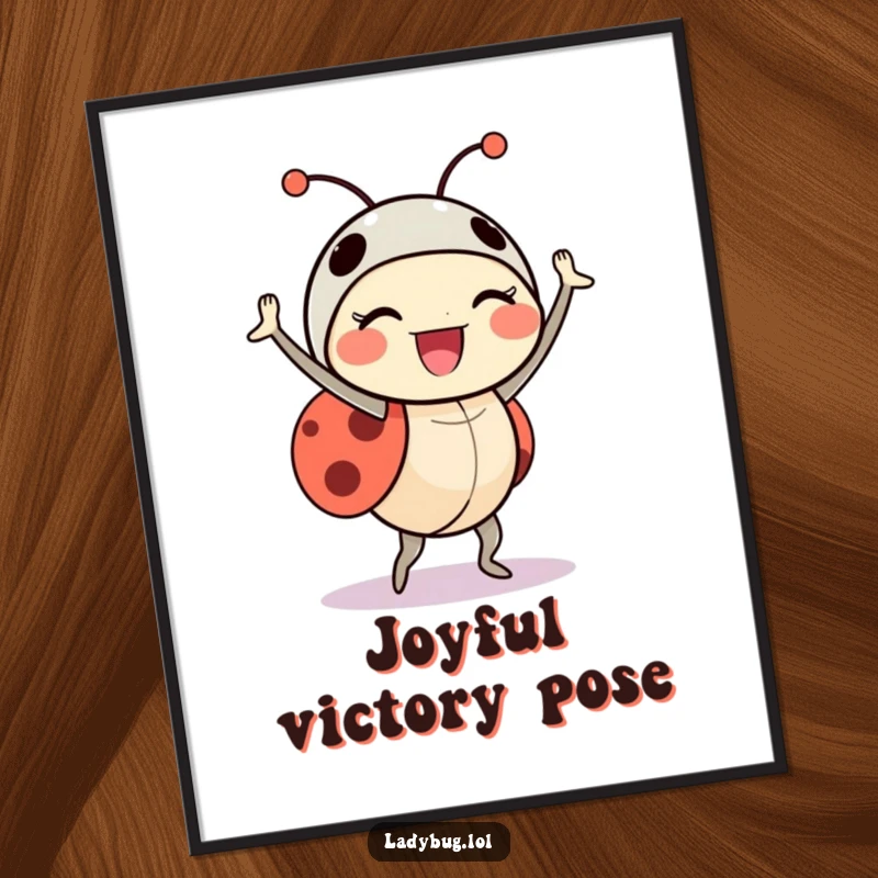 Funny ladybug digital art print of a delighted insect character doing a triumphant little dance, full of vibrant energy.