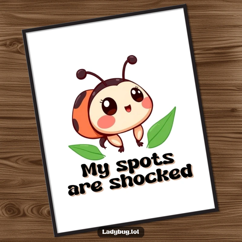 Funny ladybug digital art print of a cute character with slightly askew spots, looking surprised with endearing and humorous charm.