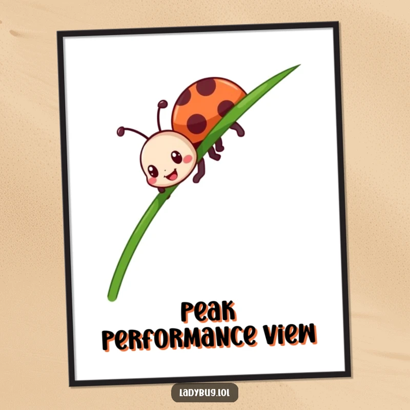 Funny ladybug digital art print of a happy insect character enthusiastically crawling up a tall blade of grass, full of life.