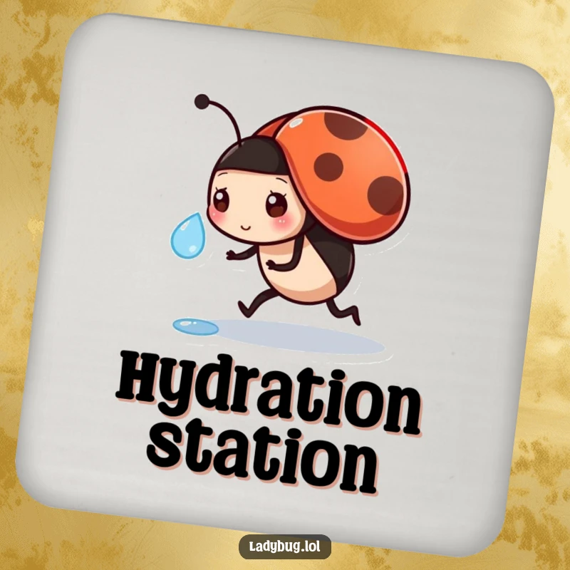 Funny drink coaster showcasing a busy ladybug carrying a dewdrop, adding a touch of diligence to your table.