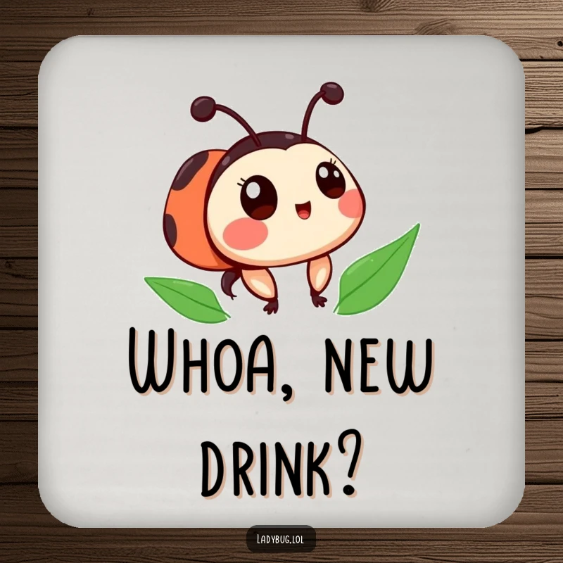 Funny ladybug coaster depicting a cute character with slightly askew spots, looking surprised, adding charming humor to tabletops.
