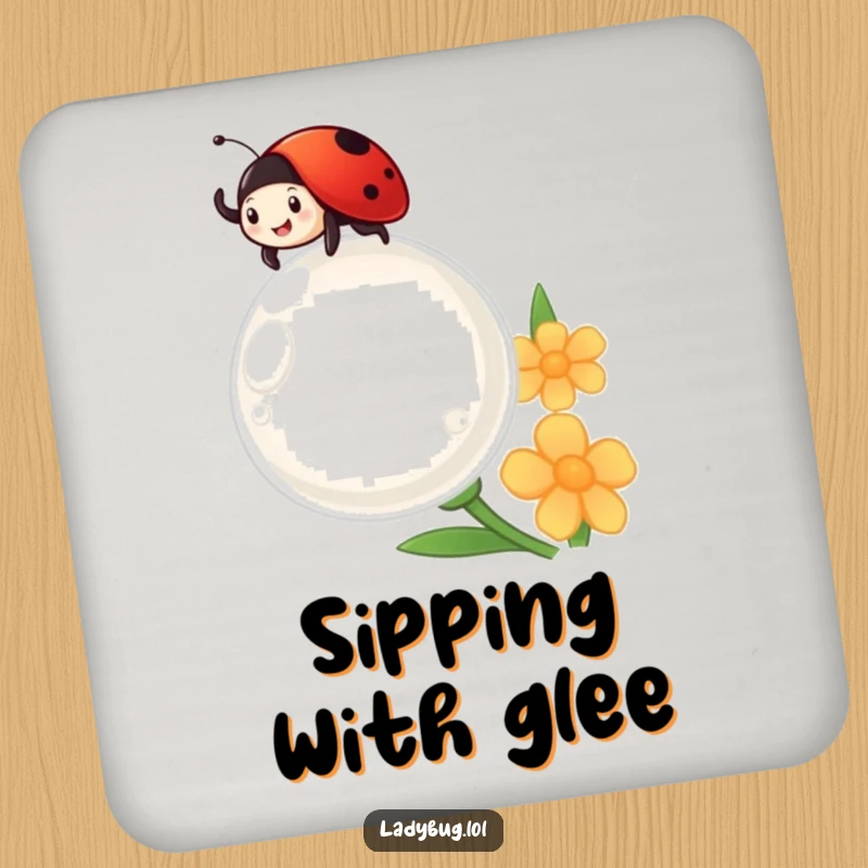 Funny ladybug cheerfully waves from atop a giant dewdrop, looking delighted, on protective drink coasters.