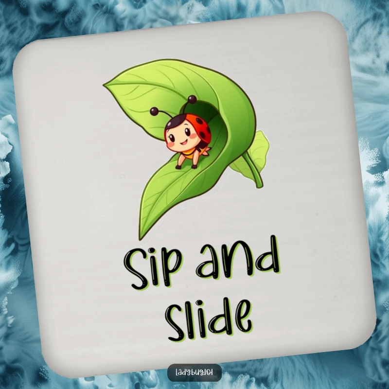 Funny ladybug drink coasters depicting a cheerful insect character zooming down a leaf like a slide, adding playful flair.