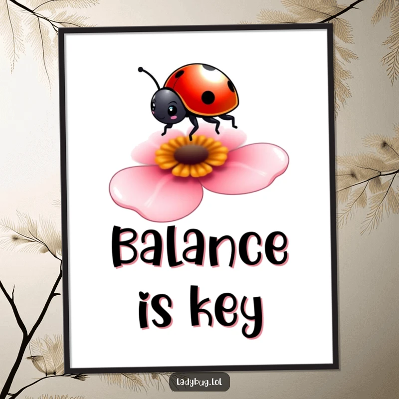 Funny poster of a tiny ladybug expertly balancing on a flower petal, adding a touch of whimsical art.