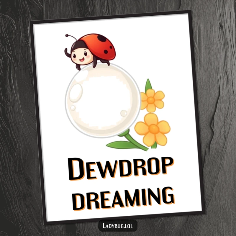 Funny ladybug cheerfully waves from atop a giant dewdrop, looking delighted, as cheerful wall art.