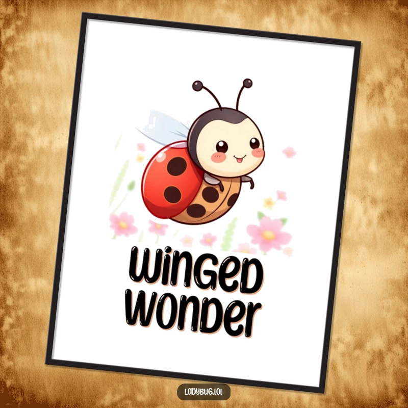Funny poster featuring a happy ladybug character with tiny wings, captured in the act of happily zooming through the air.