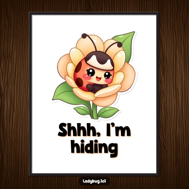 Funny poster of a giggling ladybug peeking from a flower, adding whimsical beauty and a playful secret.