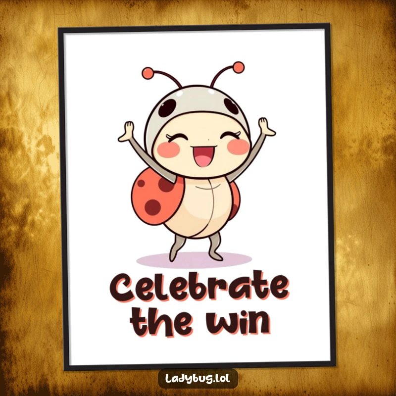 Funny ladybug poster art of a delighted insect character doing a triumphant little dance, full of celebratory spirit.