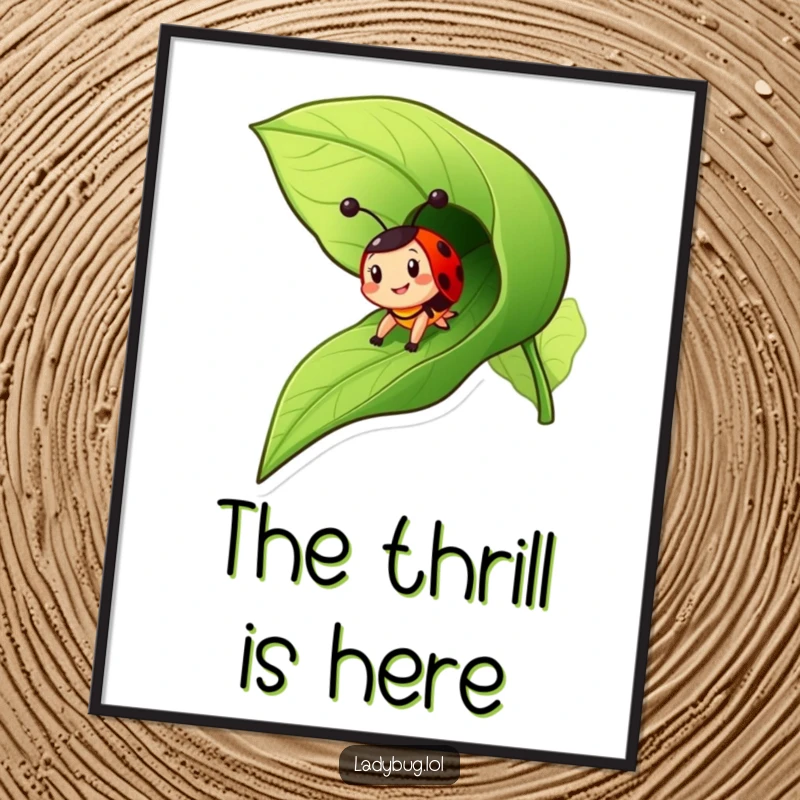 Funny ladybug poster art of a cheerful insect character zooming down a leaf like a slide, full of dynamic motion.