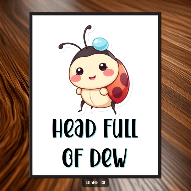 Funny ladybug poster of a happy character balancing a shiny dewdrop on its head, adding serene decor.