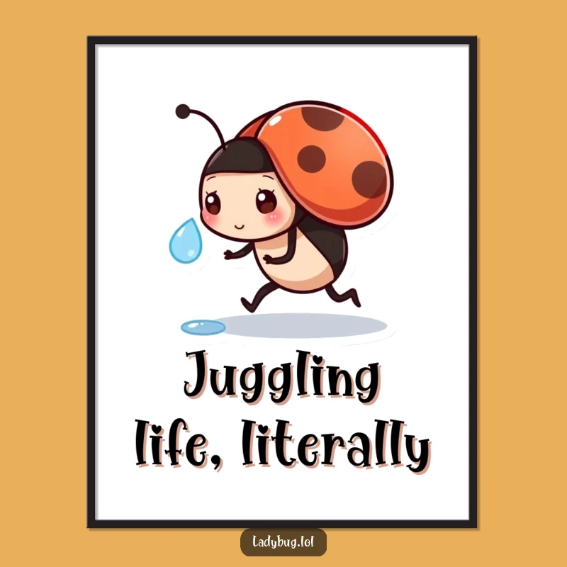 Funny Busy Ladybug Poster - Dewdrop Mission, Humorous Wall Art