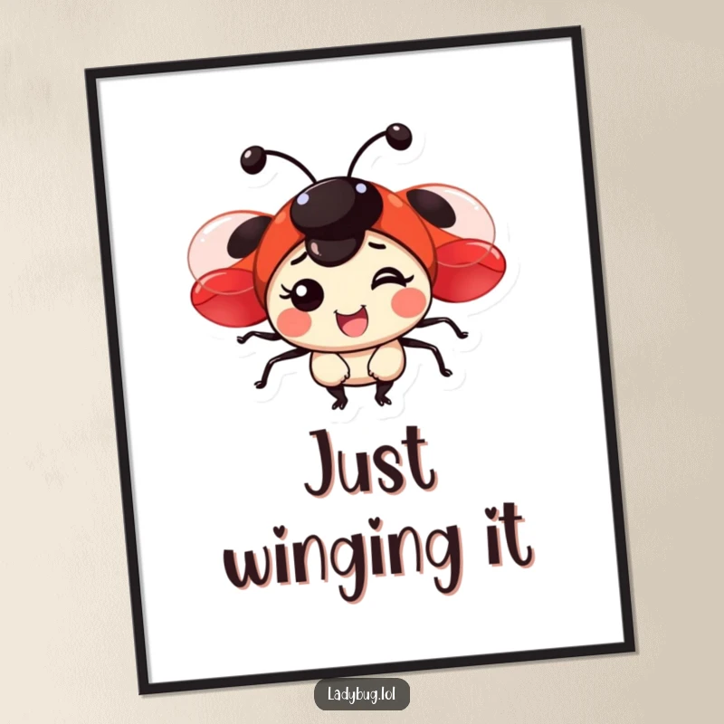 Funny poster of a radiant ladybug with shiny red wings, adding a cheerful and artistic touch to any wall.