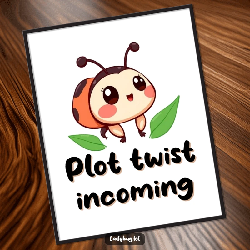 Funny ladybug poster showcasing a cute character with slightly askew spots, looking surprised with an endearing and humorous expression.