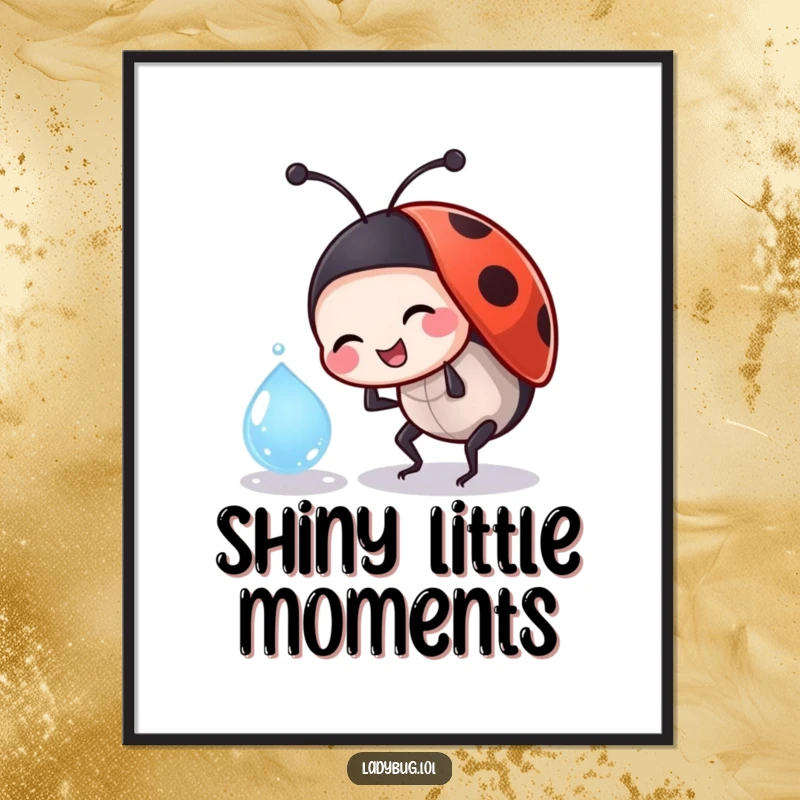 Funny ladybug poster art of a jovial insect character playfully bumping into a glistening dewdrop, full of innocent wonder.