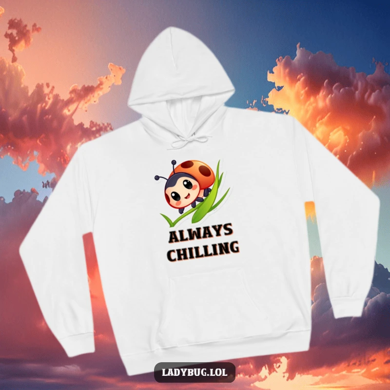Funny Ladybug Hoodie: Adorable ladybug character with big eyes joyfully sliding down a lush green blade of grass, radiating happiness.