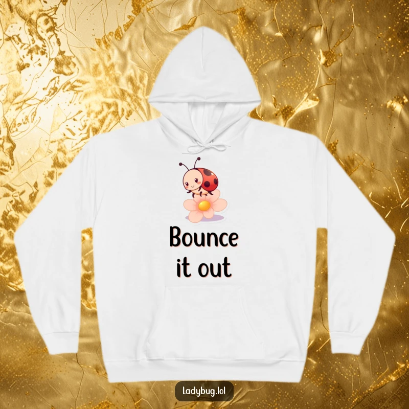 Funny ladybug hoodie with a cute and energetic ladybug character joyfully bouncing on a flower petal, perfect for cozy fun.