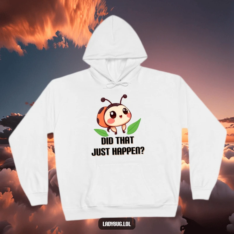 Funny ladybug hoodie showcasing a cute character with slightly askew spots, looking genuinely surprised with endearing charm.