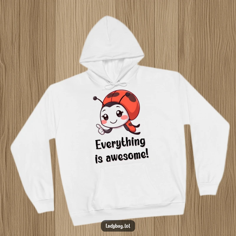 Funny ladybug hoodie with a smiling ladybug character giving a tiny, enthusiastic thumbs-up, ideal for cozy positivity.