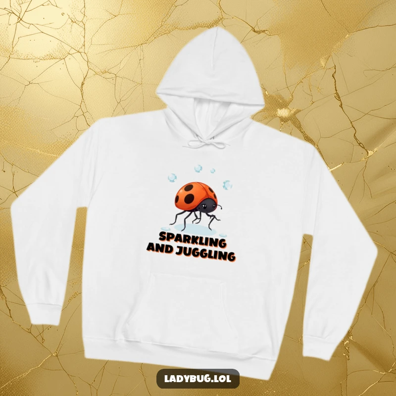 Funny Ladybug Dewdrop Hoodie: A giggling ladybug comically juggles dewdrops, offering warmth and whimsical entertainment. Soft and humorous.