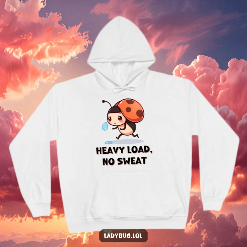 Funny hoodie of a busy ladybug carrying a precious dewdrop, designed for warmth and motivating comfort.