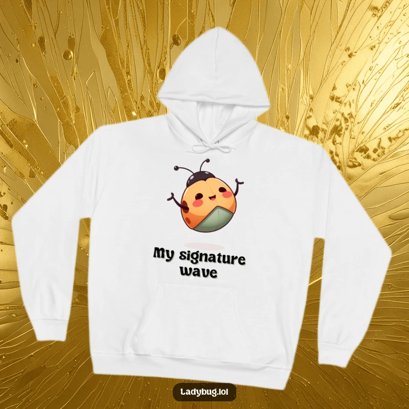 Funny ladybug hoodie depicting a cheerful ladybug enthusiastically waving its legs, offering warmth and a dose of humor.
