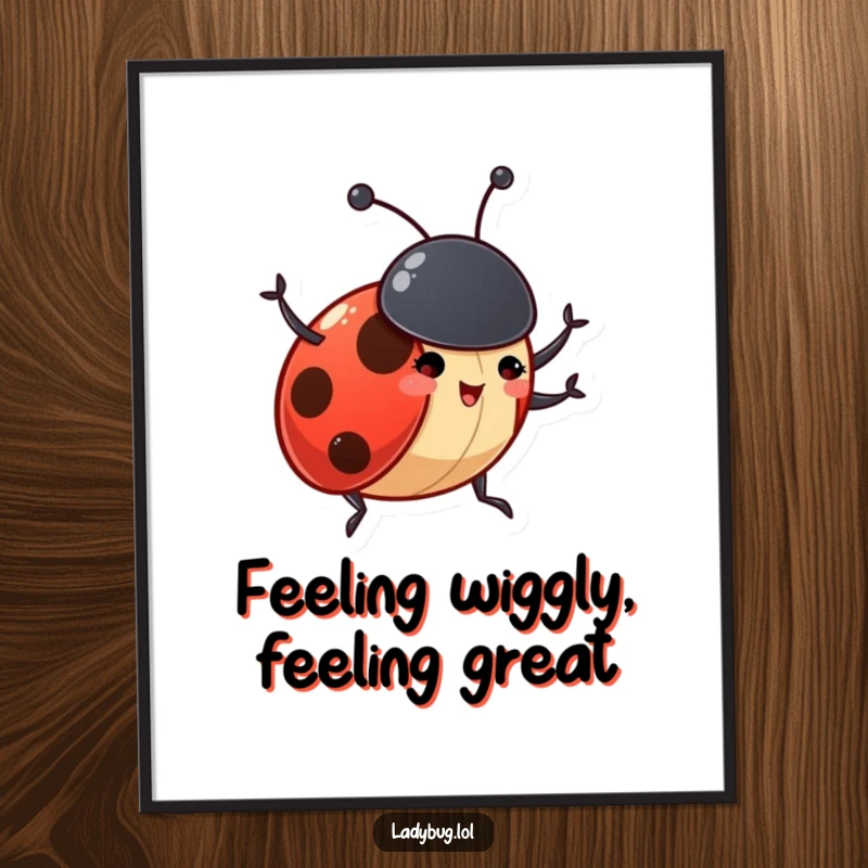 Funny Free Printable Wall Art: A gleeful ladybug character waves its tiny antennae excitedly, radiating happiness.