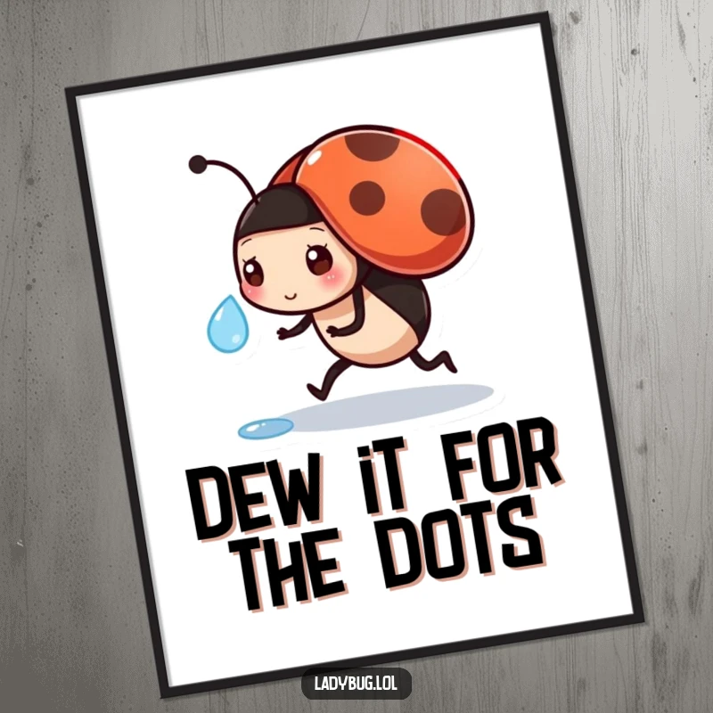 Funny Free Printable ladybug wall art: a busy character carrying a dewdrop, symbolizing hard work and dedication.