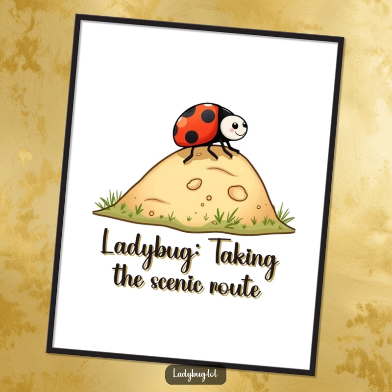 Funny Free Printable Ladybug Wall Art: A ladybug playfully rolling down a tiny hill, capturing a moment of pure fun.