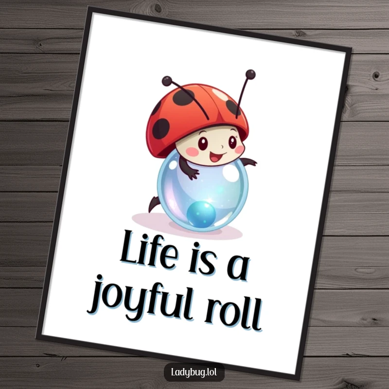 Funny Free Printable Ladybug Wall Art: a ladybug joyfully rolling a tiny, sparkling marble, adding a playful vibe.