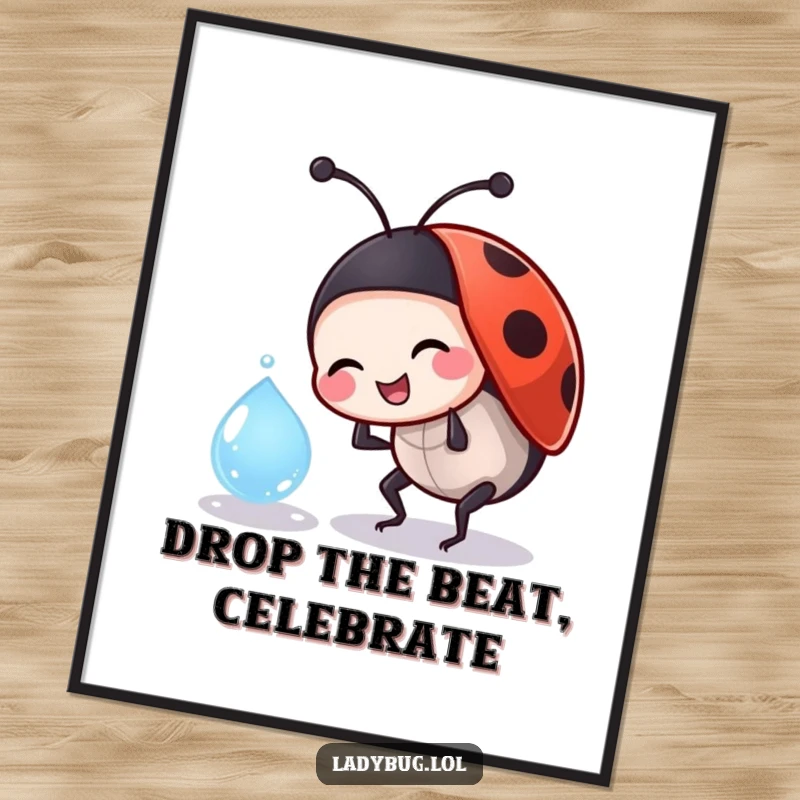 Funny Free Printable Wall Art: A jovial ladybug character playfully bumps into a sparkling dewdrop, creating a splash.
