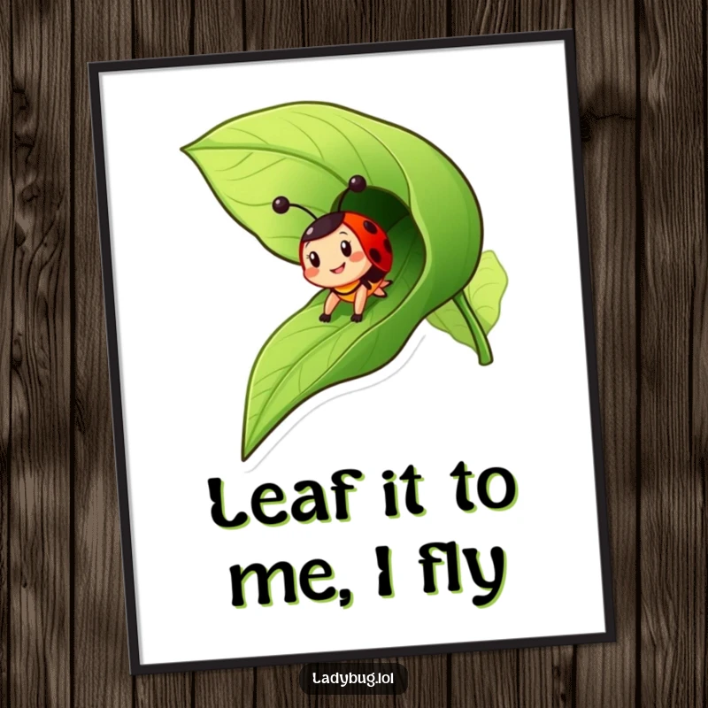 Funny Free Printable Wall Art: A cheerful ladybug character zooming down a leaf like a fun, fast slide.