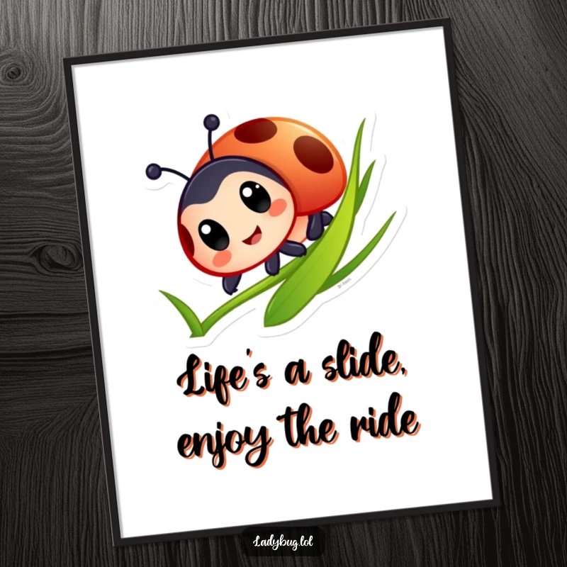 Funny Free Printable Wall Art: Big-eyed ladybug comically slides down a tall blade of grass with glee.
