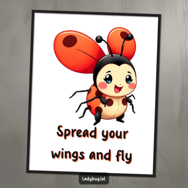 Funny Free Printable Ladybug Wall Art featuring a cheerful ladybug with massive, bright red wings unfurled, ready to brighten any room.