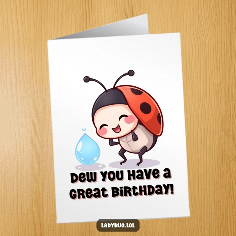 Funny Free Printable Birthday Card: A jovial ladybug character playfully bumping into a glistening dewdrop.