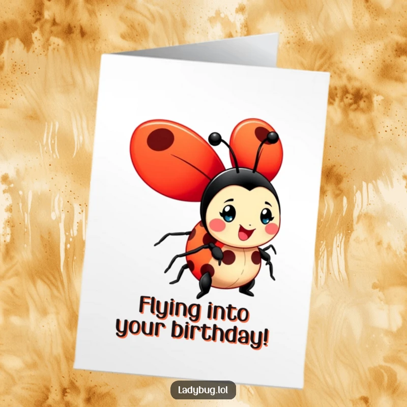 Funny Free Printable Ladybug Birthday Card with huge red wings unfurled, ready to spread joy and laughter.