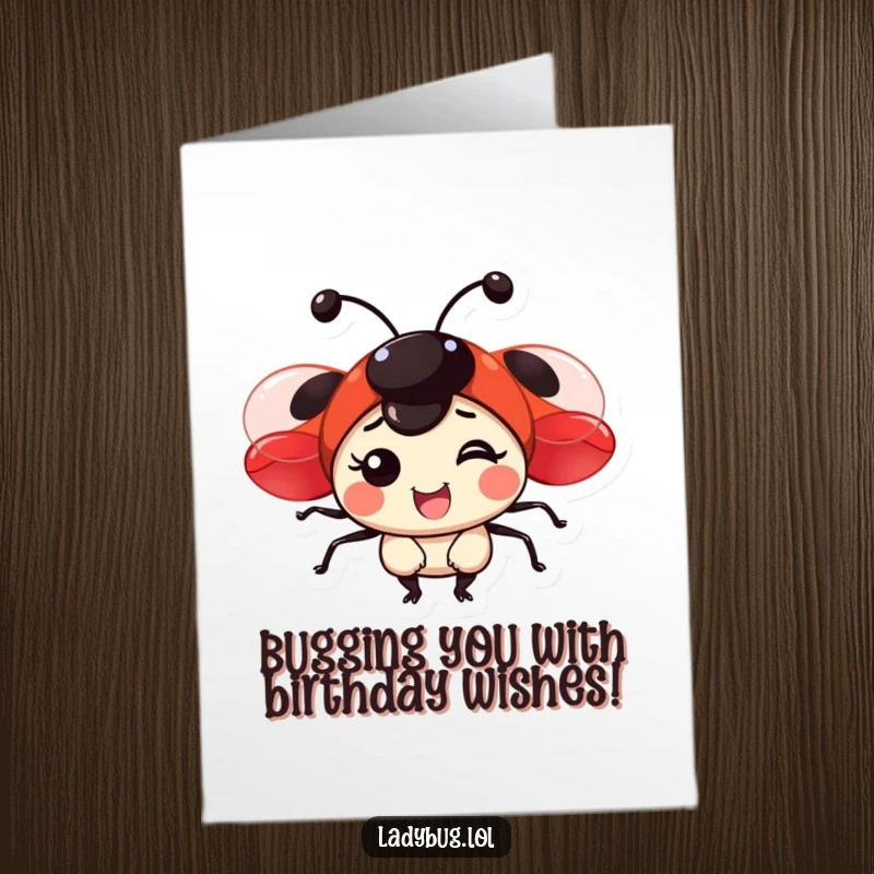 Funny Free Printable ladybug birthday card featuring a joyful character with shiny red wings sending happy birthday wishes.