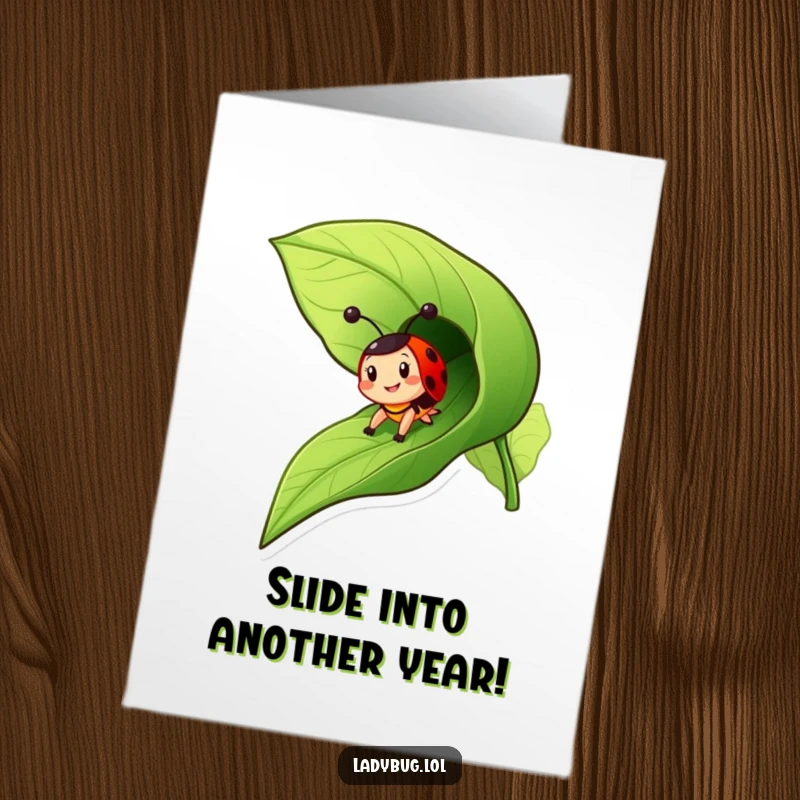 Funny Free Printable Birthday Card: A cheerful ladybug character zooming down a leaf like a playful slide.