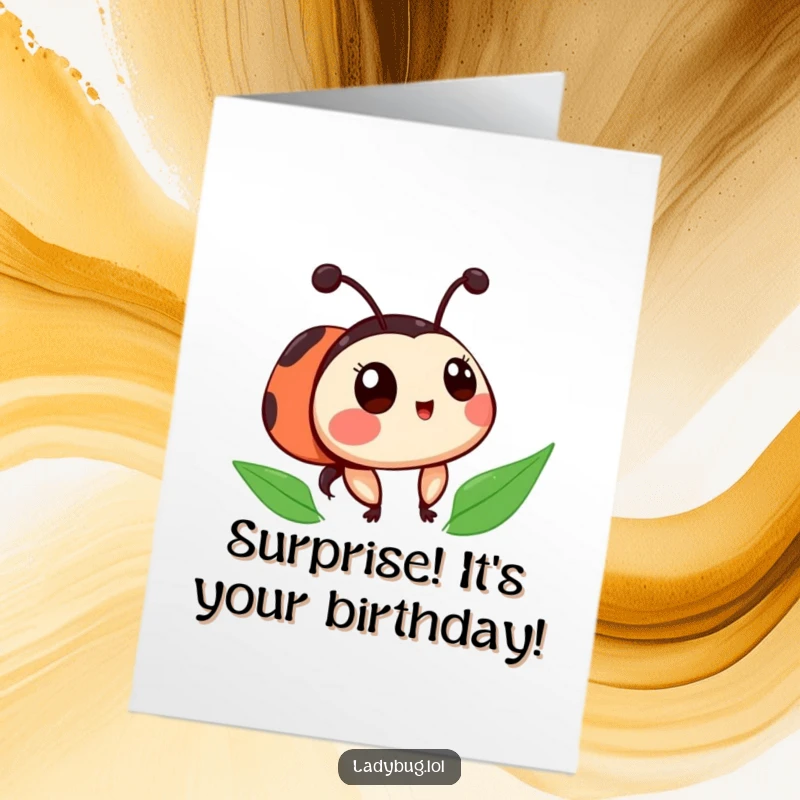 Funny Free Printable Ladybug Birthday Card featuring a cute ladybug with askew spots, looking hilariously surprised.