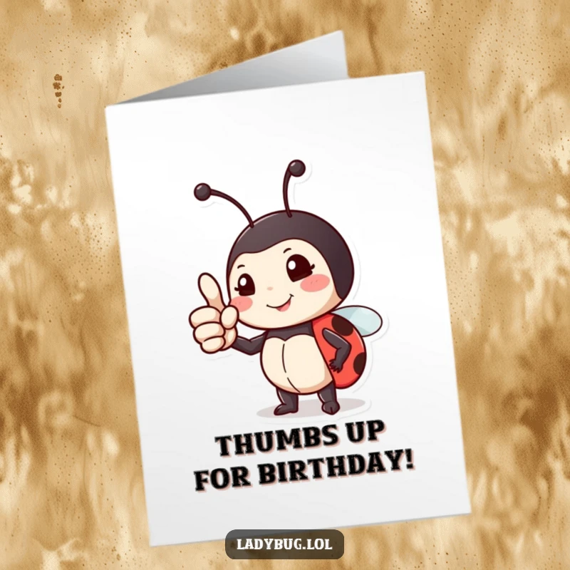Funny Free Printable ladybug birthday card: a proud character giving a big thumbs up, celebrating a fantastic birthday.