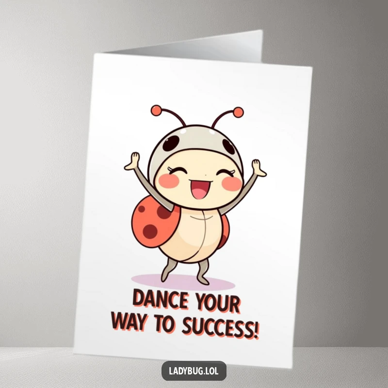 Funny Free Printable Congratulations Card: A delighted ladybug character performs a triumphant dance, celebrating a big win.