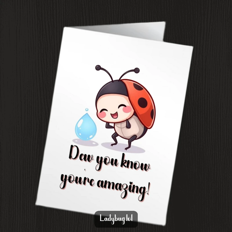 Funny Free Printable Congratulations Card: A jovial ladybug character playfully interacts with a dewdrop, a moment of lighthearted surprise.