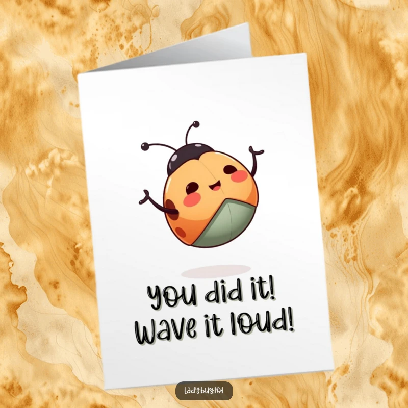 Funny Free Printable Congrats Card: A happy ladybug enthusiastically waving its little legs, celebrating success.