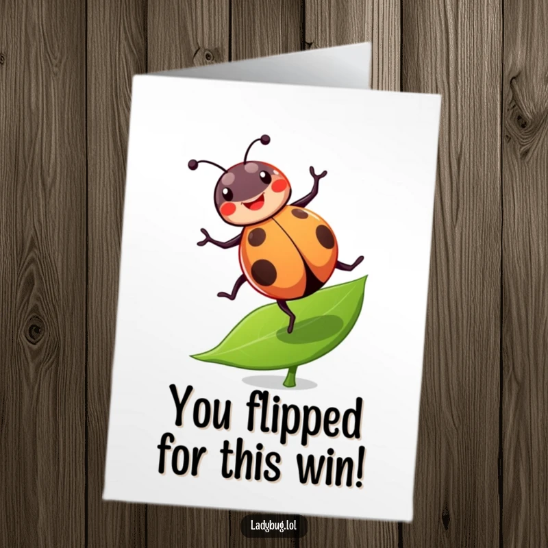 Funny Free Printable Congrats Card: A cheerful ladybug doing a joyful cartwheel on a leaf, celebrating a win.