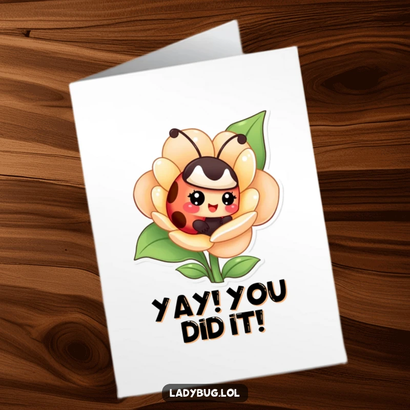 Funny Free Printable ladybug congratulations card: a giggling character hiding in a flower, sharing in joyous success.