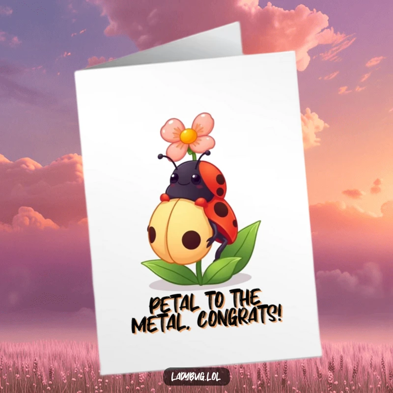 Funny Free Printable Congrats Card: A giggling ladybug balancing a tiny flower petal on its head, celebrating with style.