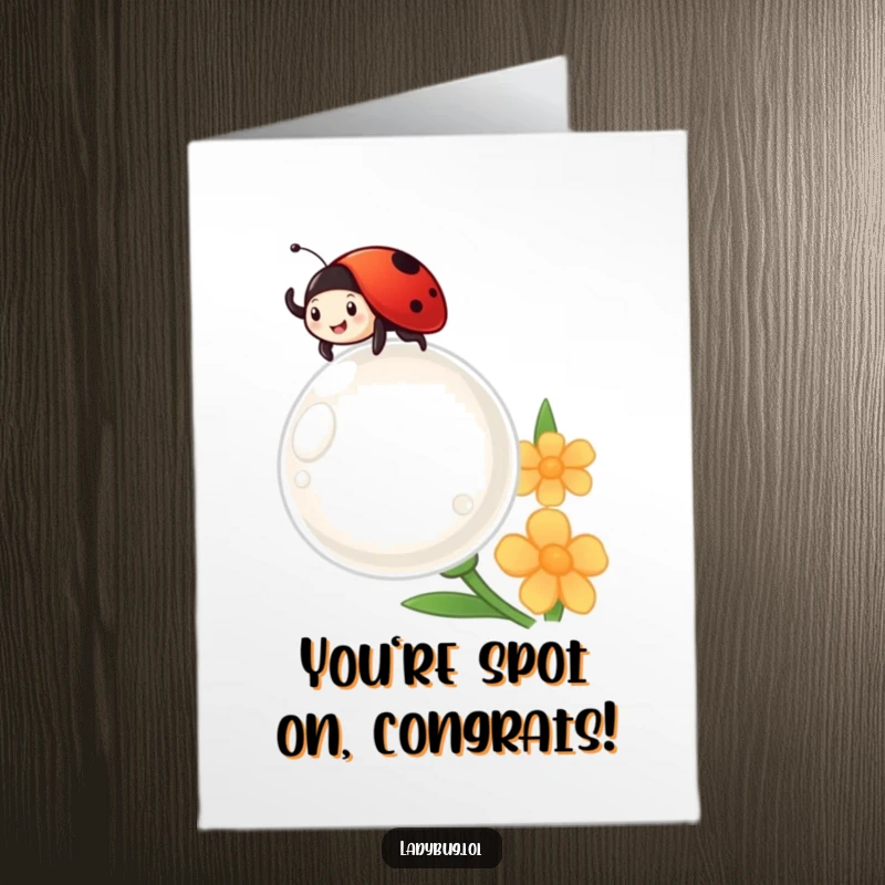 Funny Free Printable Ladybug Congrats Card: Delighted ladybug waving from a giant dewdrop, celebrating wins with infectious, sparkly happiness.